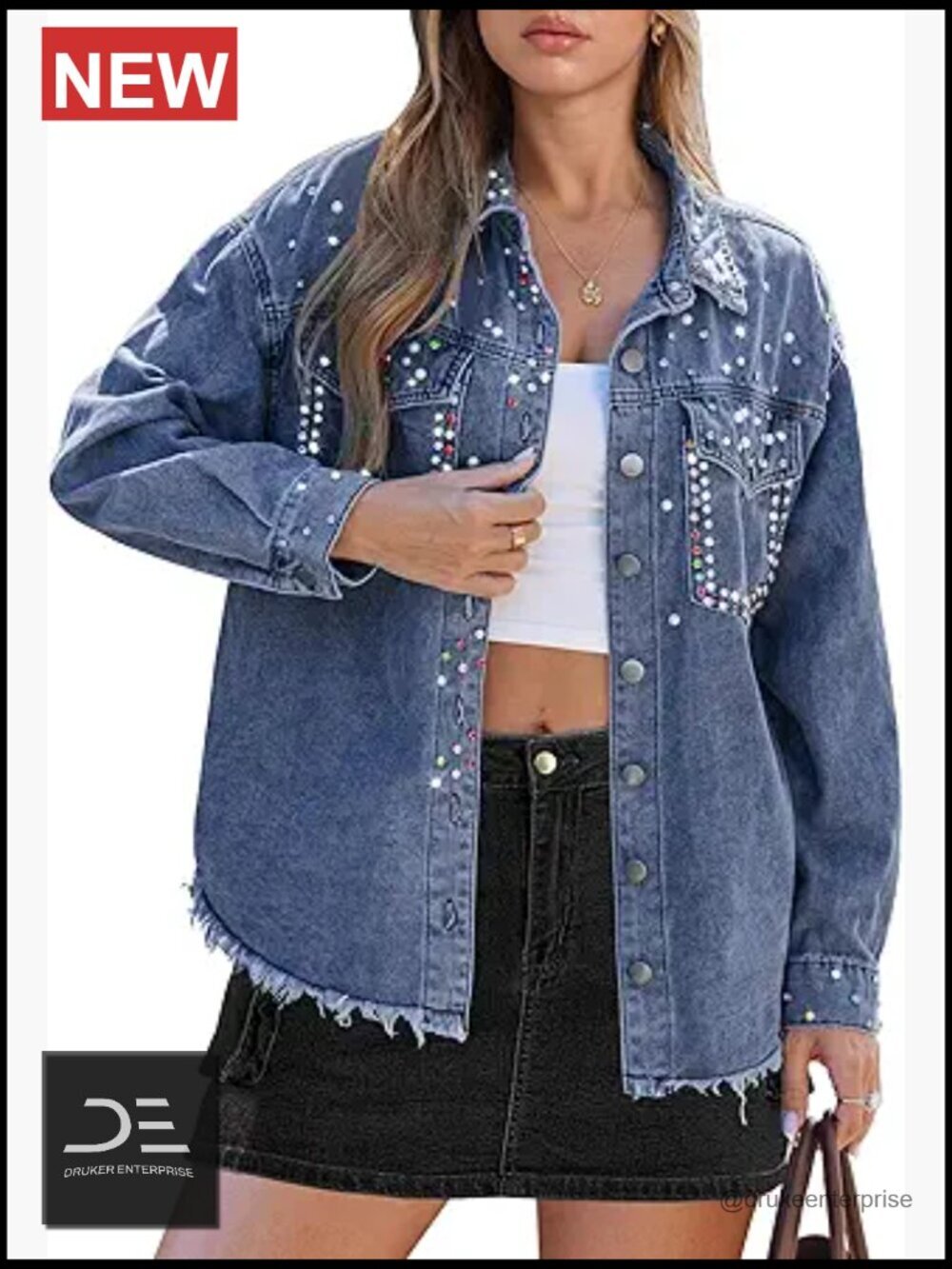 Embellished Rhinestone Pearl Denim Jacket Oversized Frayed Hem Pockets